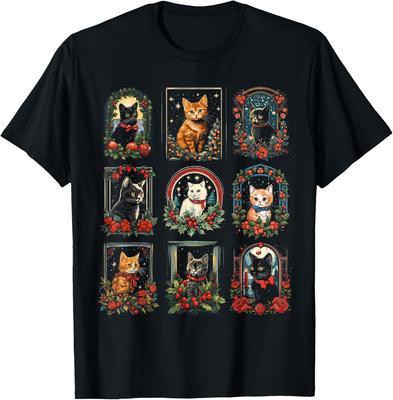 Vintage Kätzchen Weihnachten Katzen Grafik T-Shirt Niedlicher Feiertagskätzchen Druck Lässiges T-Shirt für Katzen Mama Papa