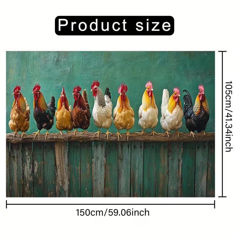 2D Vintage Farm Rooster Backdrop, Rustic Teal Background with Chickens Wall Decor Cloth