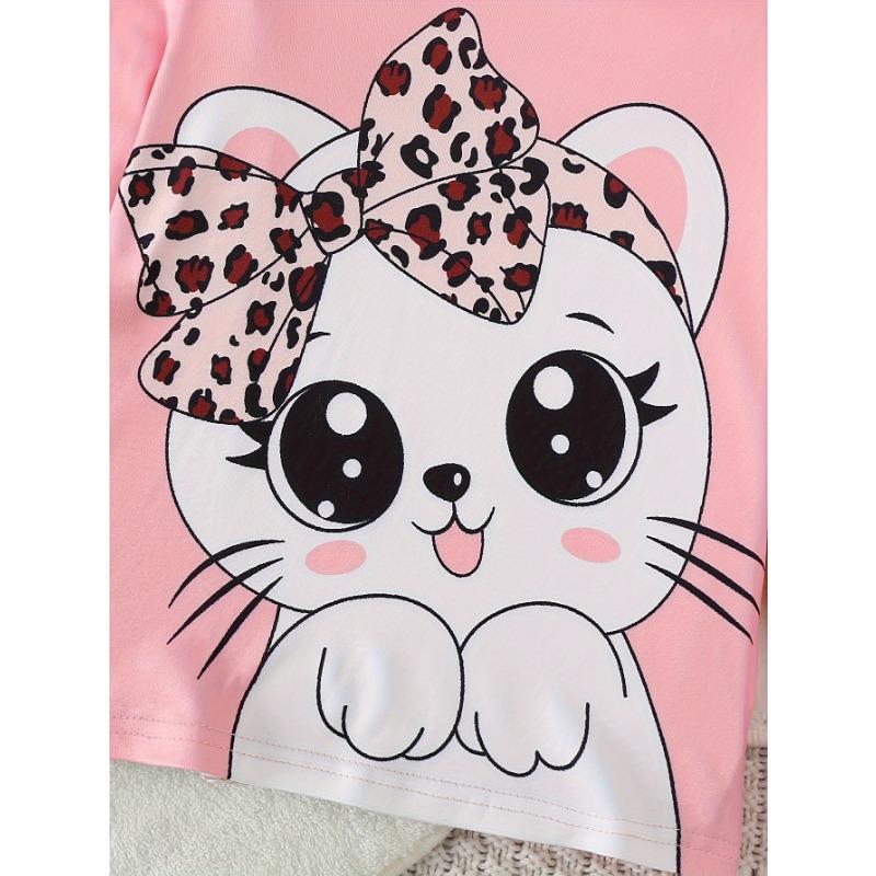 Long-Sleeve And Long-Pants Outfit for Girls | Cute Cat Design T-Shirt And Leopard Print Pants | Soft And Comfortable Set Suitable for Outdoor Wear