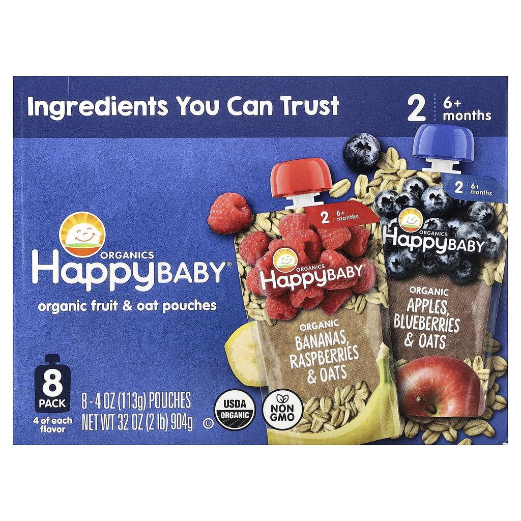 Happy Family Organics, Happy Baby®, 6+ Months, Organic Fruit & Oat, Variety Pack, 8 Pack, 4 oz (113 g) Each