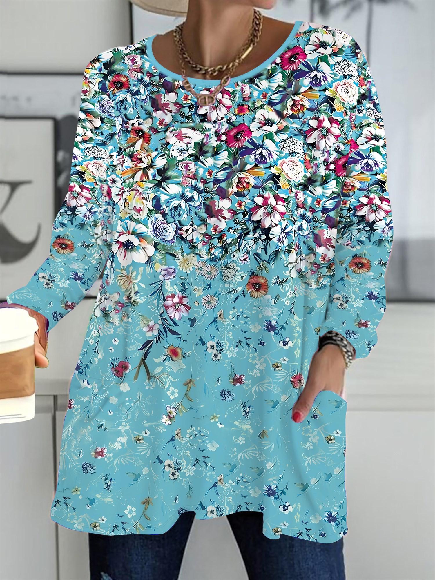 

Осень-Зима 2025 Новые Женские Топы Большого Размера, Модные Футболки с 3D-принтом цветов, с Круглым Вырезом и Длинным Рукавом 1XL синий