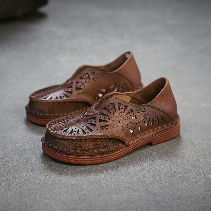 Johnature Genuine Leather Retro Hollow-out Breathable Sandals Versatile Comfortable Women's Slip-on Shoes