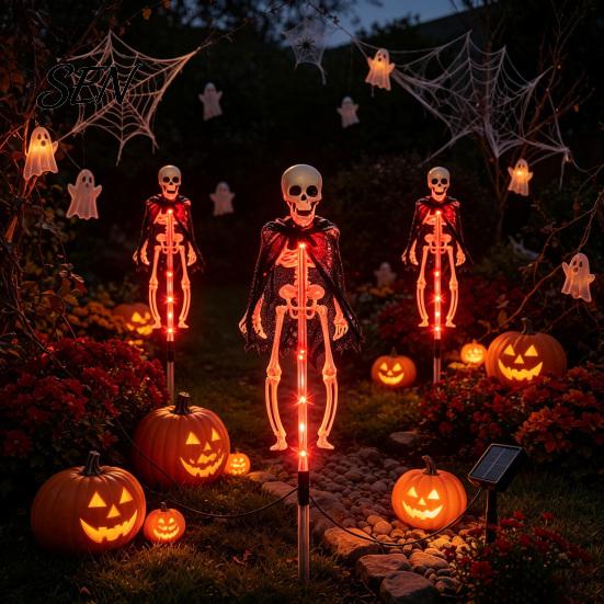 Waterproof Skeleton Stakes for Path Solar Yard Stake Light, Halloween Glowing Skull Garden Decor Powered Holiday with Cloak, Outdoor Lawn Lamp Haunted