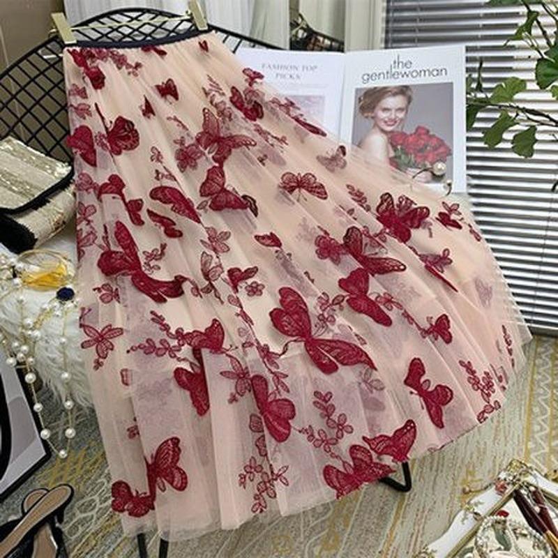 Women Spring Autumn Boho Lace Crochet Skirt Stretch High Waist Women Embroidery A-Line Skirt Women Beach Pleated Skirt