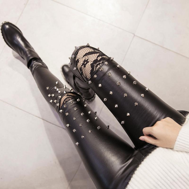 Knee hole lace rivet pu imitation leather leggings personalized slim-fitting high-waisted nine-point pants
