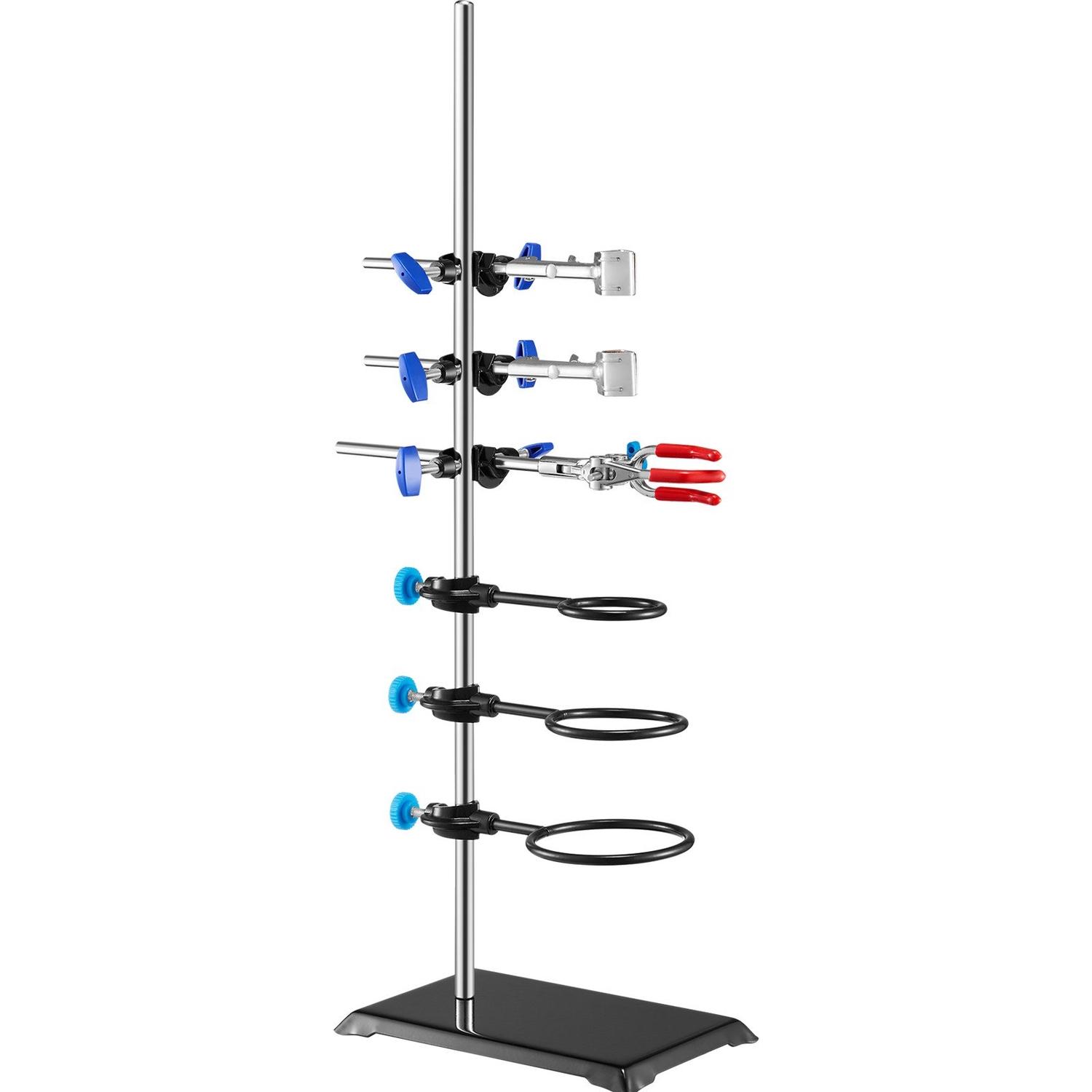 Podpera pre laboratórny stojan, Súprava podpier pre laboratórny stojan, Oceľový laboratórny stojan s tyčou 23,6  a liatinovou základňou 8,3  x 5,3 , Obsahuje držiaky na banky, byretu