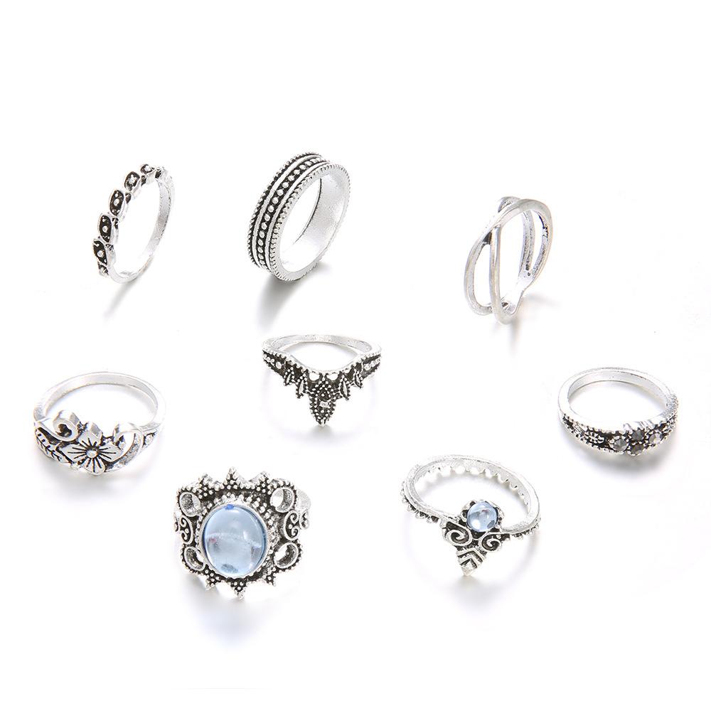 European and American vintage ethnic style lotus ring for the index finger joint8Set of gemstone rings