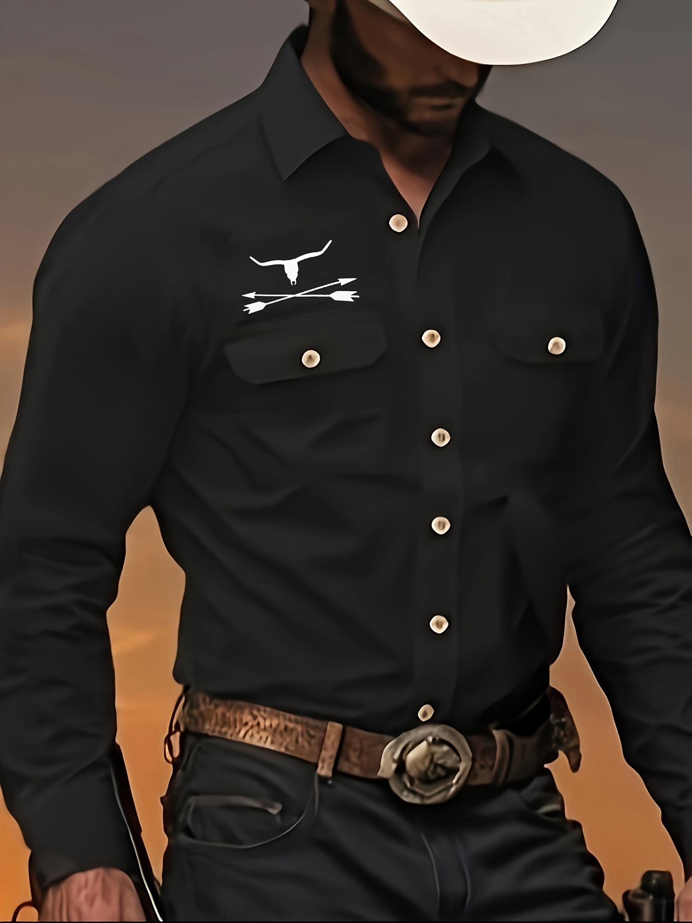 

2026 Denim Series Bullhead Print Men s Casual Button-Down Shirt with Turn-Down Collar M чёрный
