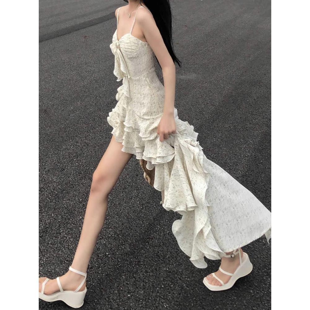 Lotus leaf edge suspender dress fairy waist temperament irregular short skirt autumn and winter