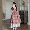 Summer Japanese sweet age-reducing red plaid dress lace splicing cherry floral dress fake two-piece skirt
