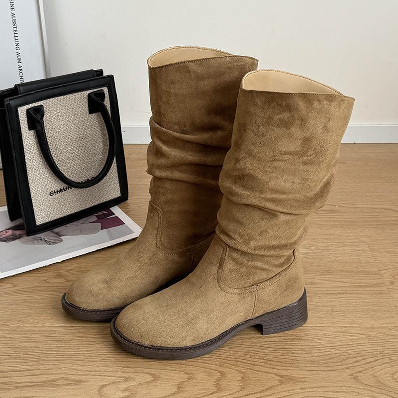 2025 new British suede round head thick heel stacking boots cowboy boots fashion knight boots thin boots women's foreign trade