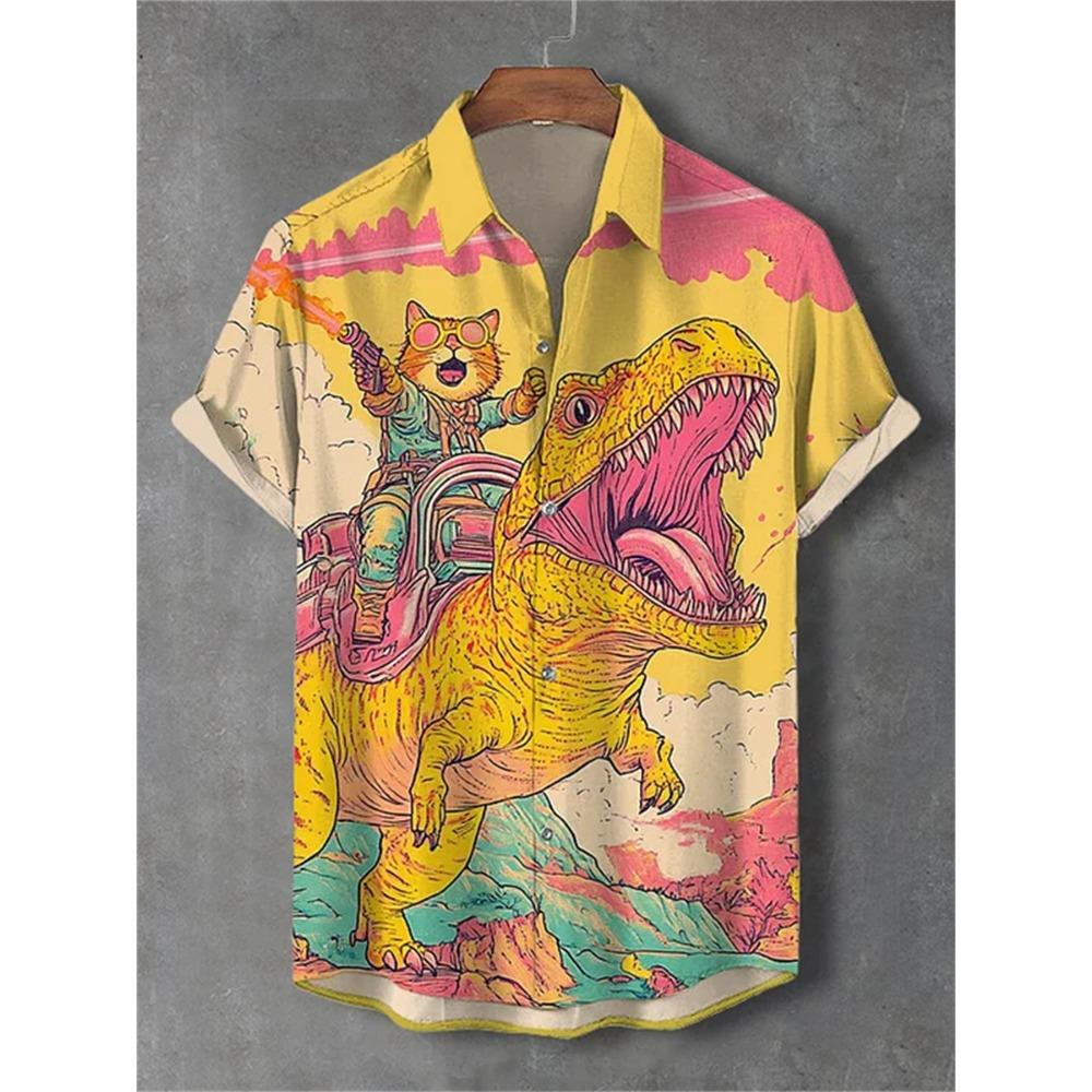 Herren Kurzarmhemd mit Samurai-Katzen-Showdown-Print, Lässiges Hemd mit Kragen, Trendiges Design, Lockerer Schnitt, Einzigartiger Stil, Schnelle Lieferung