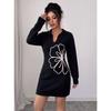 Women Autumn Winter Polo Collar Knit Mini Dress, 3D Floral Embroidery Long Sleeve Slim Waist Bodycon Short Sweater Dress