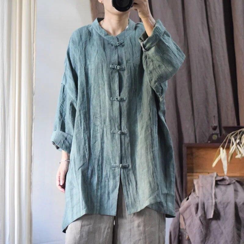 

Johnature ретро нерегулярная льняная винтажная рубашка в китайском стиле осенняя женская однотонная рубашка с длинными рукавами One Size