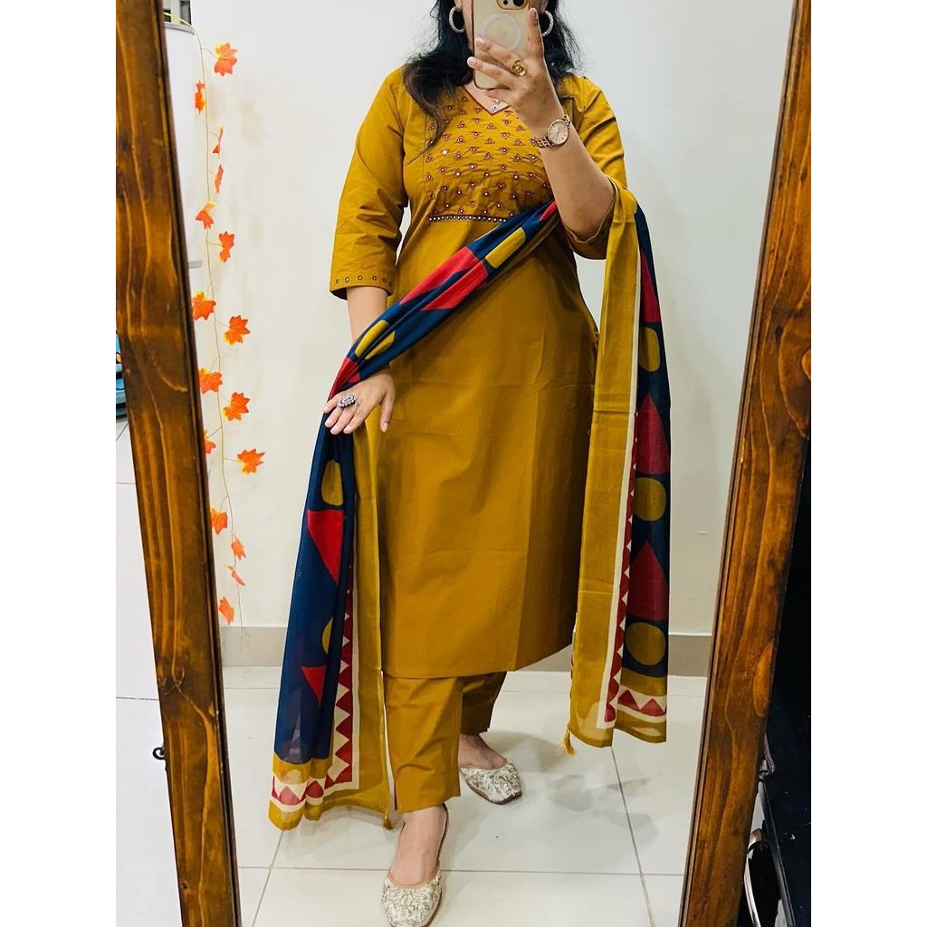 Heavy Cotton Pakistani Kurti Pant Dupatta Set Designer Bollywood Ethni Kurta Set