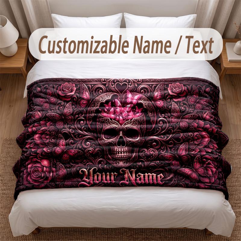Skull Gothic Theme Soft Blanket Personalized Custom Name Text Print Warm Blanket Home Sofa Bedroom Decor