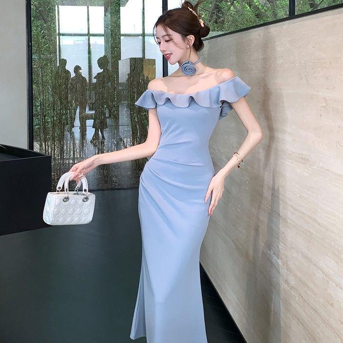 Elegant French-Style One-Shoulder Summer Dress for Women - Slimming, Waist-Cinched, Long, Hip-Hugging Design