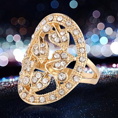 Women Luxury Golden Color Leaves Hollow Rhinestone Wedding Banquet Ring Jewelry