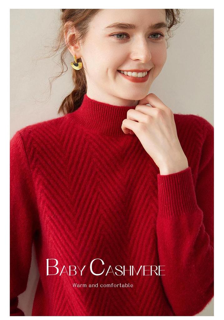 Women's Cashmere V-Neck Twill Sweater - Half-High Collar, Long Sleeve, Loose Fit, Slimming Base Layer for Autumn & Winter.