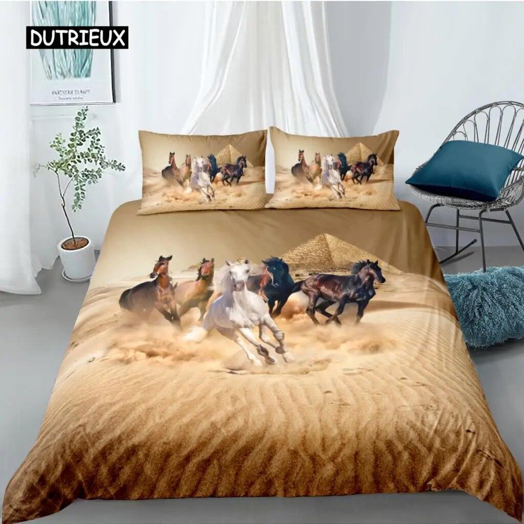 Horse Duvet Cover Set Twin King Size Galloping Steed Bedding Set Microfiber 3D three piece set Farm Animals Rustic Country Style Comforter Cover