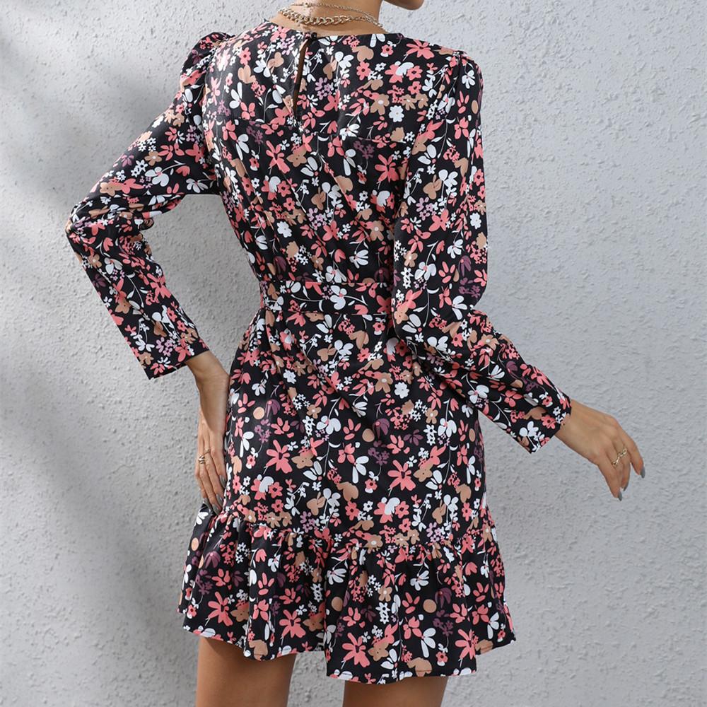 QICED Moda dama toamna iarna imprimeu floral cu maneca lunga cu decolteu rochii casual