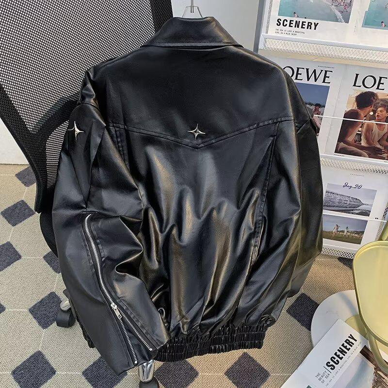 High Street Men's Deconstructed Leather Motorcycle Jacket - Spring/Autumn Loose Fit Trendy Short Jacket