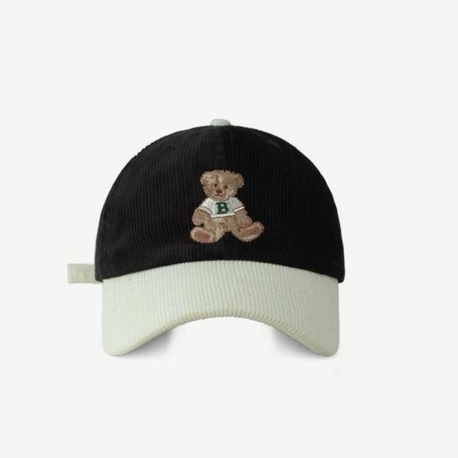 Cute Autumn and Winter Corduroy Bear Embroidered Baseball Cap for Women  Color Blocked Retro Baseball Cap for Men  Big Head Circumference for Slimming