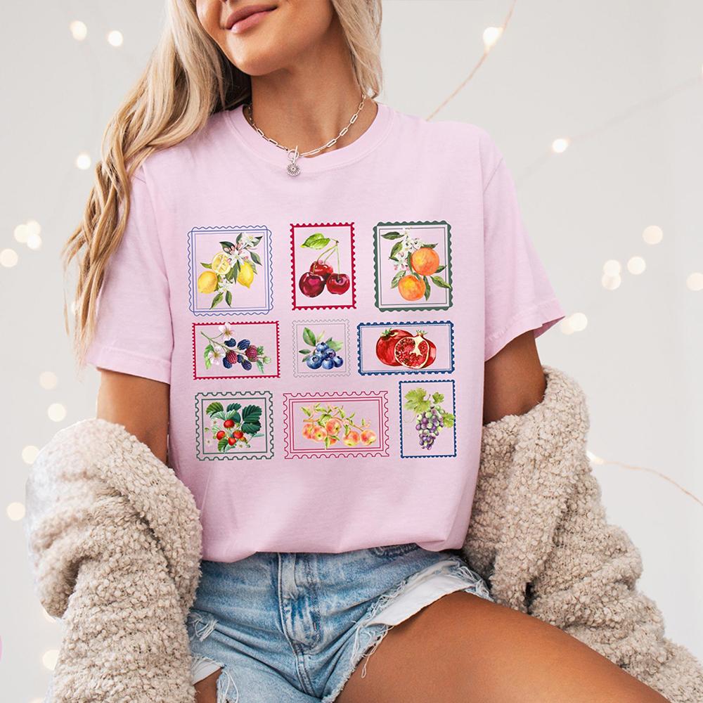 Summer Fruit Stamp Comfort TShirtVintage Postage Stamp Unisex TeeAesthetic Cottage Core Gardening Gift Trendy Casual Streetwear
