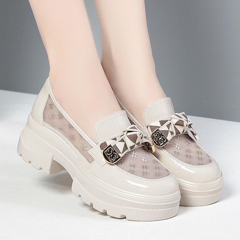 2025 Spring Female Shoes Women Fashion Mary Jane Round Toe Flats Loafers Oxfords Platform Casual Metal Chain Buckle Heels Black