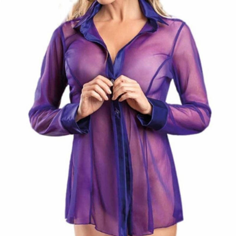 Women Sexy Solid See Through Lingerie Dress Long Sleeve Button Blouse Clubwear Pajamas Shirts Soft Comfortable Breathable Fashion Seductive Nightwear