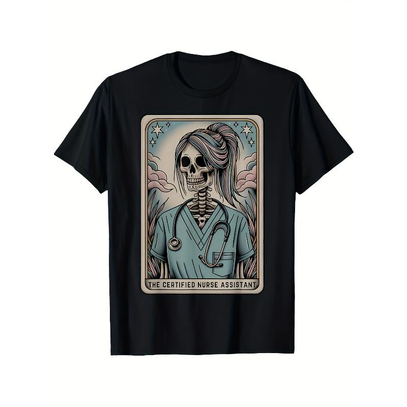 

European sizes Men s Casual Crew Neck T-Shirt with Nurse Assistant Tarot Card Skull Design 4XL
