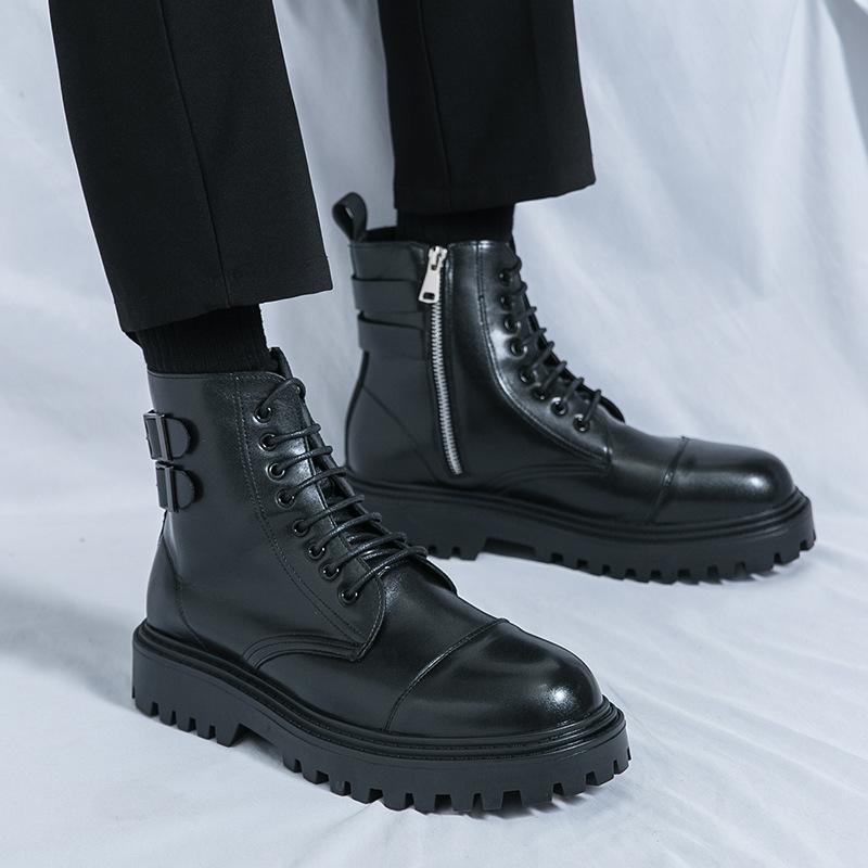 Martin boots spring and autumn breathable British style booster boots black zipper high top leather shoes locomotive boots