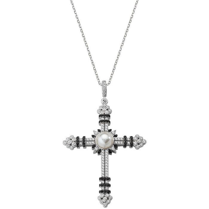 Collier - Amen - Argent 925 - Zircons blancs et noirs - Longueur 40+5cm - Croix 5cm