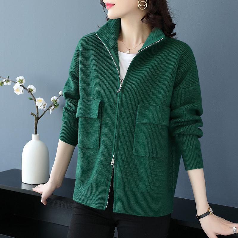 Модели на осень и зиму в стиле Гонконга, стареющий темперамент, дикий вязаный свитер, свободный кардиган, ленивый, модный, на молнии, свитер, удобный, универсальный One size зелёный