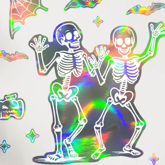 Halloween Skeleton Window Cling Waterproof PVC Holographic Skeleton Static Glass Sticker Home Bedroom Holiday Party Decoration Decal