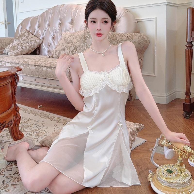 Sexy ice silk women's pajamas suspender nightgown pure desire wind private room temptation summer lace beautiful back spring and autumn loungewear