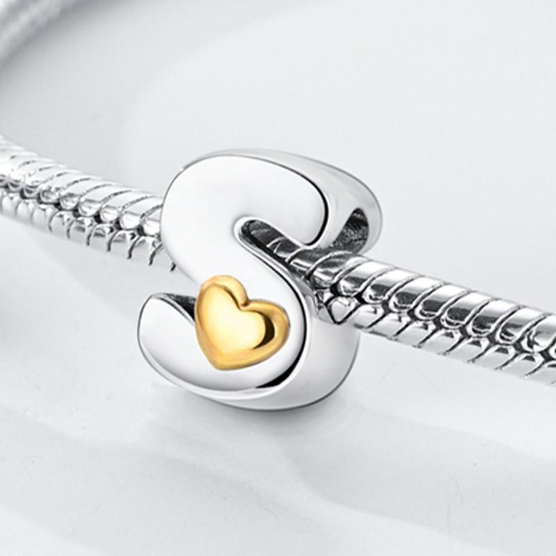 Original A-Z Alphabet Charms Bead 925 Silver 26 Letters CZ Zircon Heart Love Charm Fit Bracelet Bangle Jewelry Making