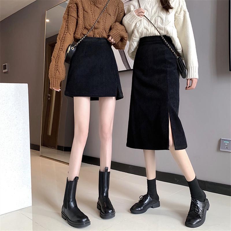 High-Waisted Corduroy A-Line Midi Skirt: Autumn/Winter 2021 Slimming, Solid Color, Hip-Hugging