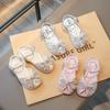 Girls Sandals Peep Toes Shiny Crystal Kids Princess Shoes Sweet Bows 2025 Summer New Children Beach Shoes Non-slip Soft Sole