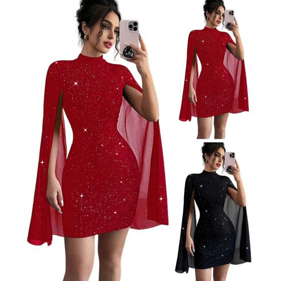 Women's Glitter Cloak Sleeve Mini Dress Sexy Mock Neck Cocktail Party Dress Going Out Wedding Guest Dress