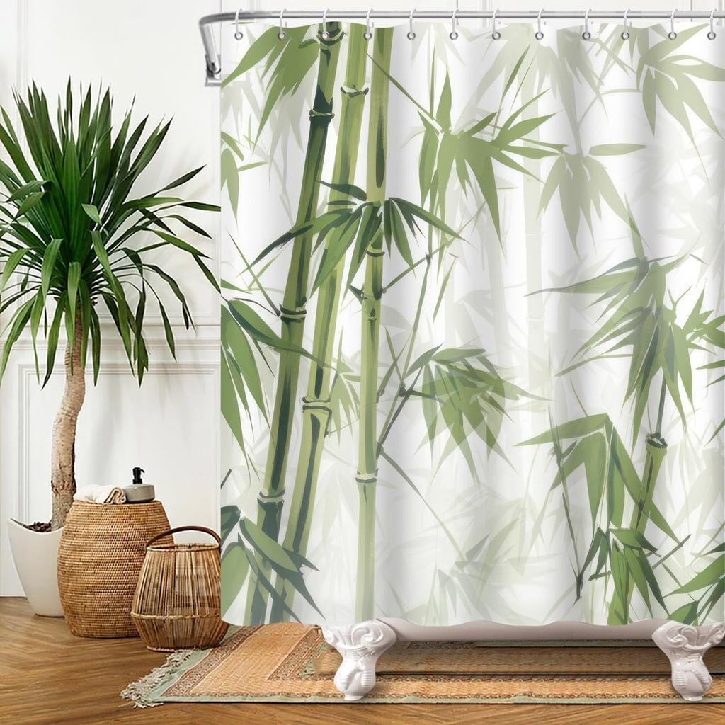 Green Bamboo Shower Curtain Japanese Asian Shower Curtains For Bathroom Zen Spa Bath Curtain Fabric Shower Curtain Watercolor