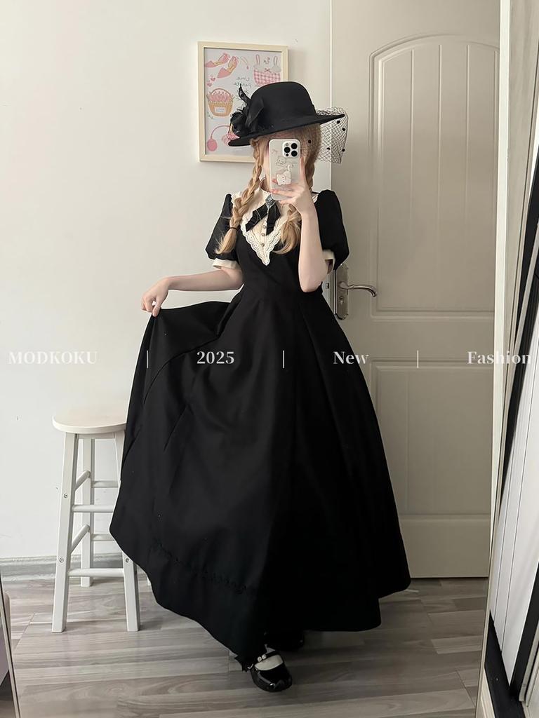 MODKOKU Gothic Lolita Dress, Women's, Detachable Sleeves, Ribbon, Lace Dress, Ruffles, Long, Gothic Lolita Dress, Dreamy Cute, French, Girly Style, Ha