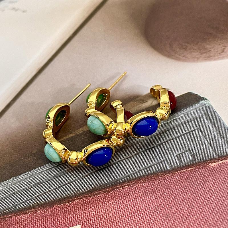 

Средневековые овальные серьги бирюзового цвета, женские, европейский и американский нишевый дизайн, ручная работа, ретро винтажные полукруглые серьги