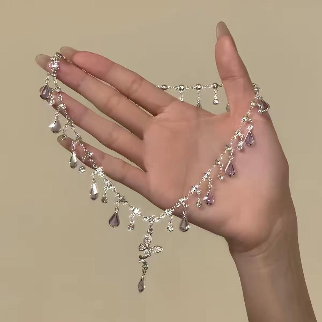 [Purple Butterfly Weeping Dew] Thousand Gold Sense Purple Flash Diamond Water Drop Butterfly Tassel Necklace Light Luxury Exquisite Versatile