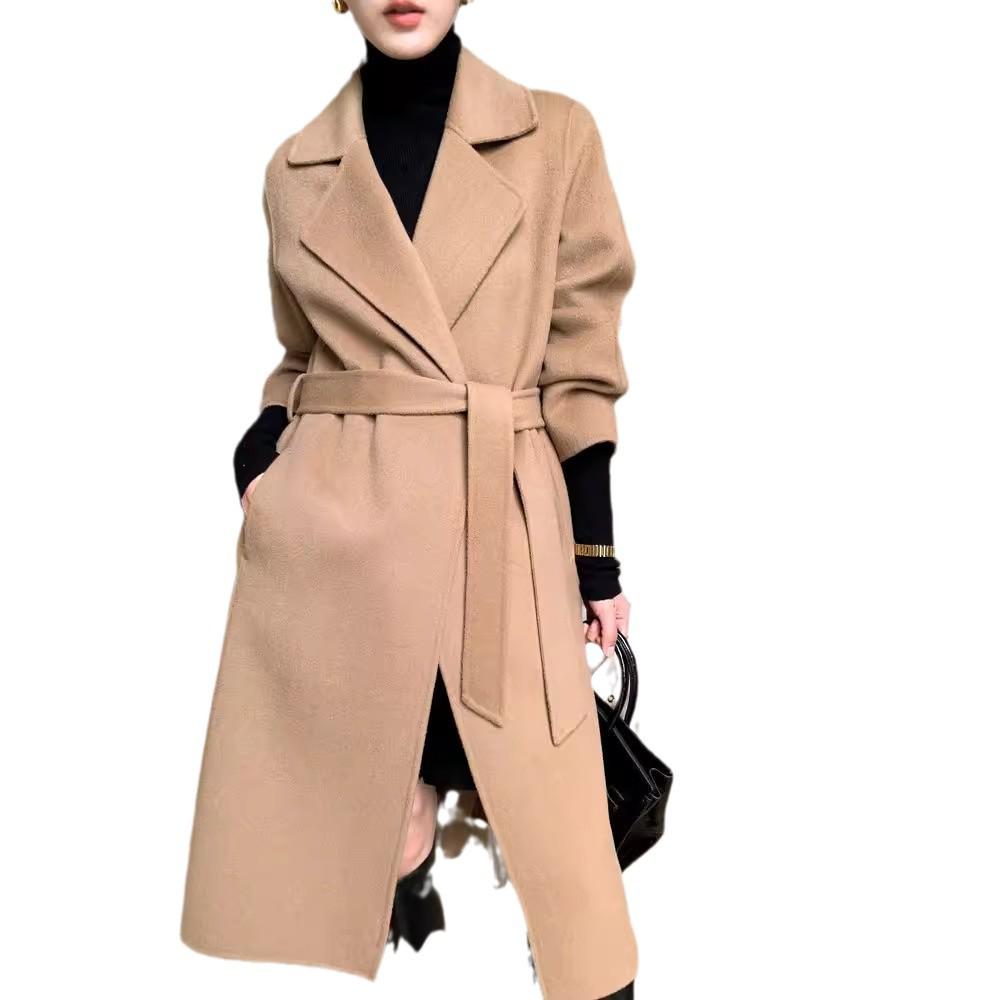 Women's Extra Long Wool Double-Faced Overcoat - Autumn/Winter Fashion with Suit Collar