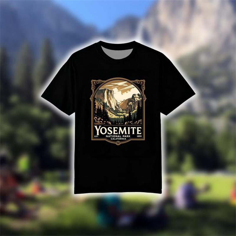 Yosemite National Park Retro Pattern T-shirt 3D Printed California Travel Commemorative Top Outdoor Hiking Mountaineering Camping Short Sleeve Hoodie