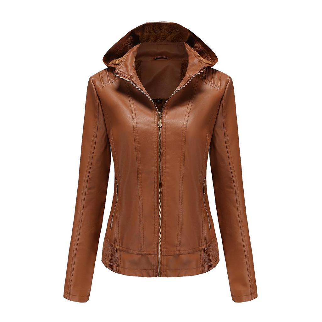 Veste en cuir à capuche automne et hiver pour femme avec capuche amovible et veste en cuir velours coupe slim
