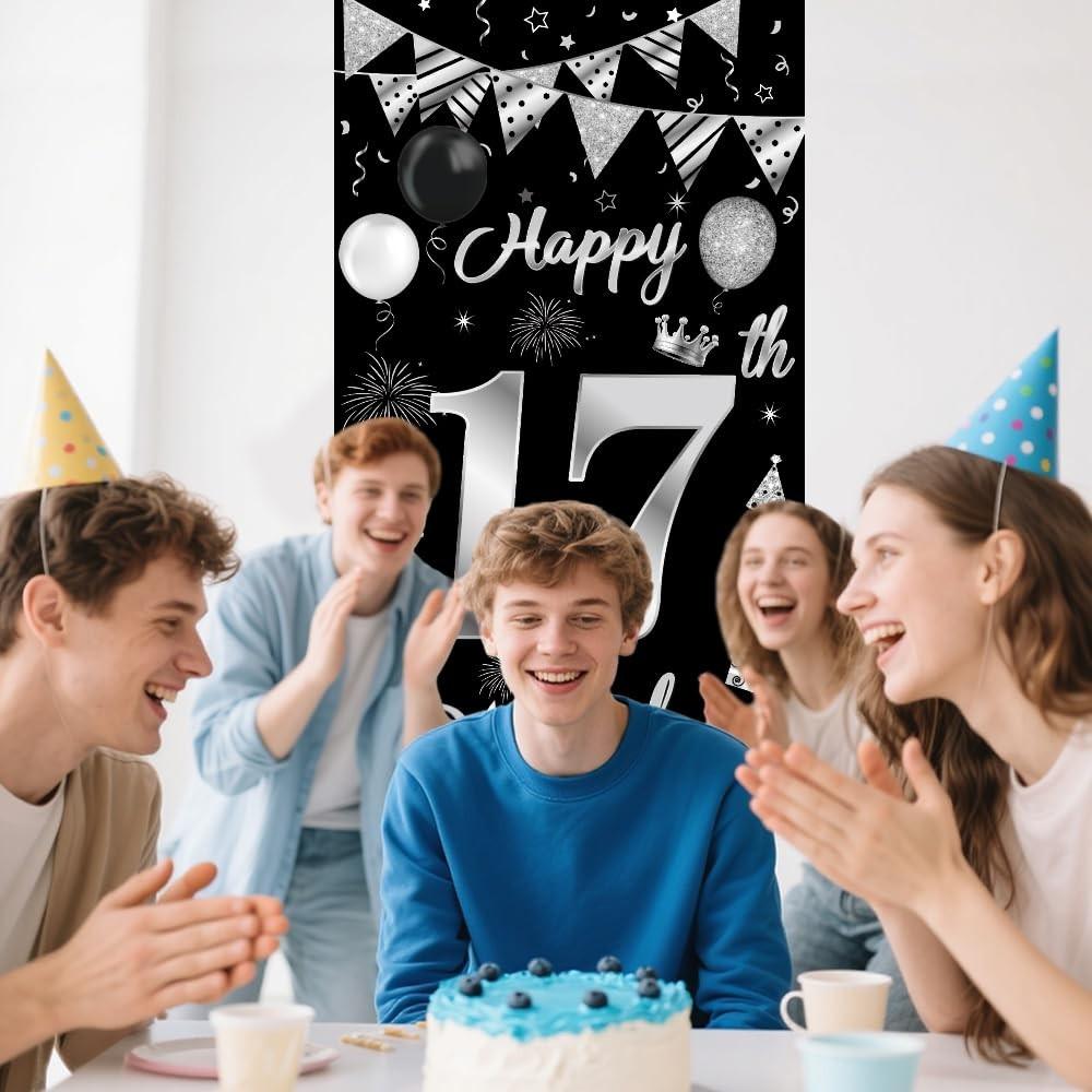 17 Birthday Decorations Happy 17th Backdrop Banner black sliver