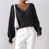 Autumn Winter Loose Casual Fashion Beading Sweater Women V-neck Solid Color All-match Pullover Knitting Top