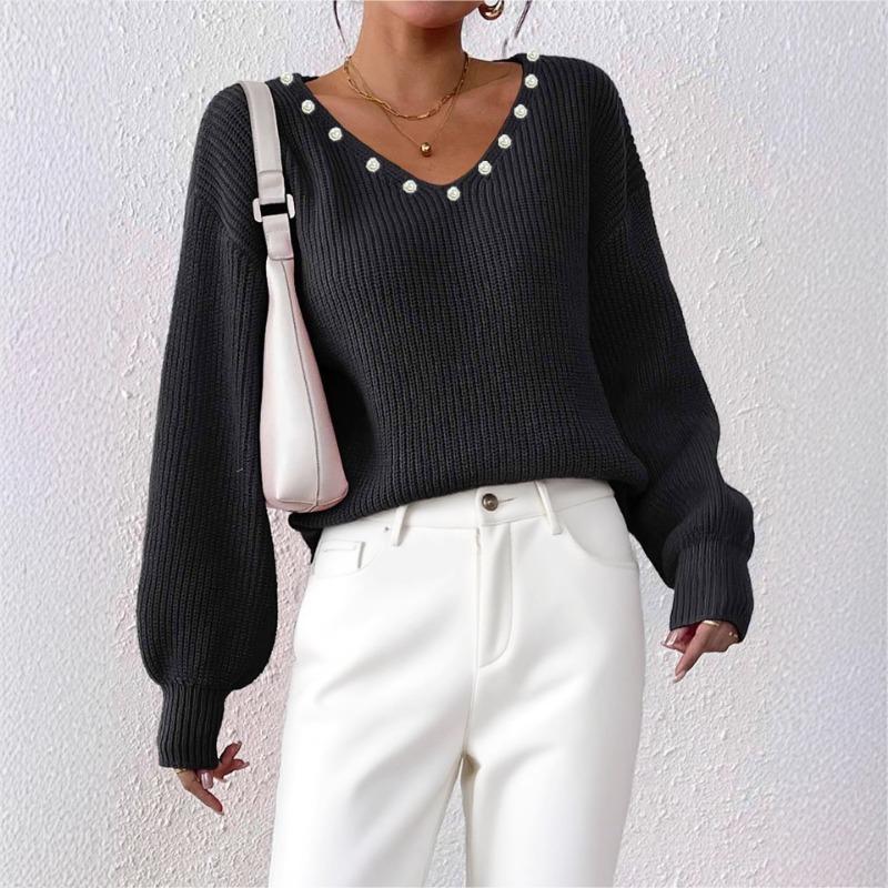 Autumn Winter Loose Casual Fashion Beading Sweater Women V-neck Solid Color All-match Pullover Knitting Top